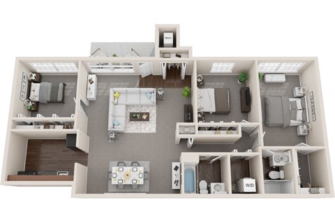 3 bed 2 bath, 1235sf 3d floor plan  at Kenilworth at Charles Apartments, Maryland